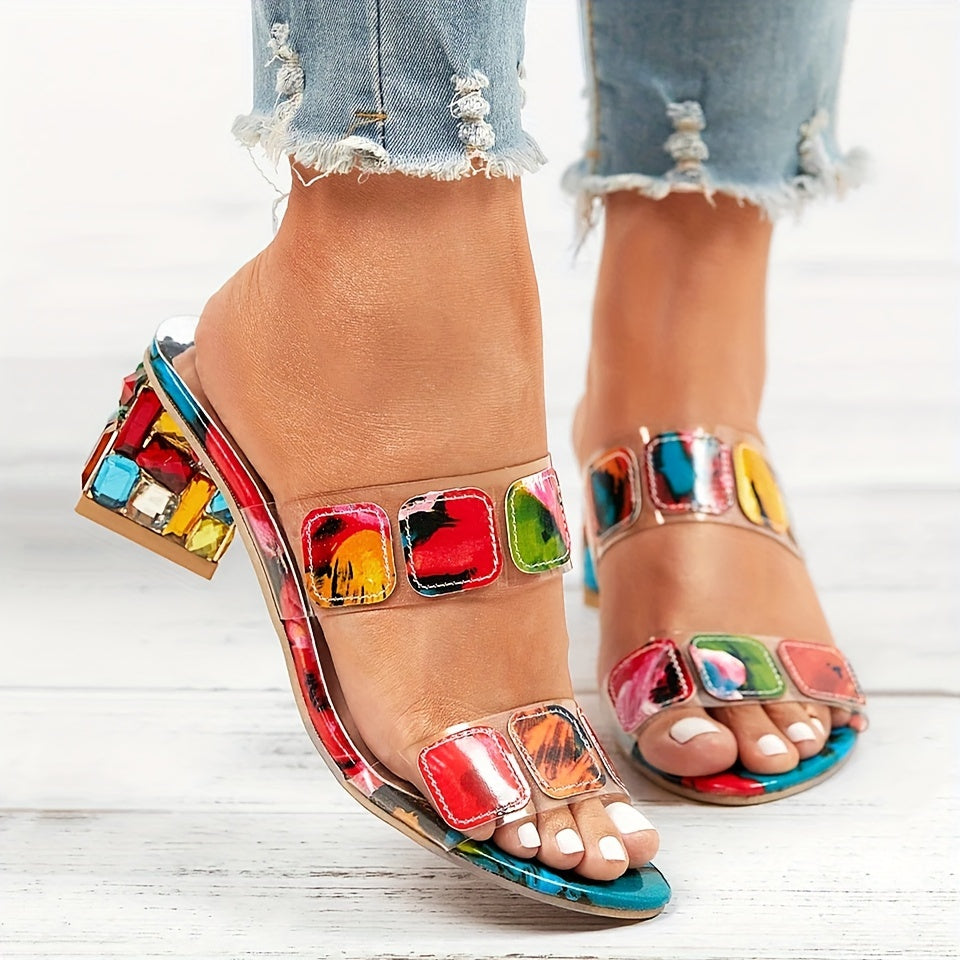 xieyinshe  Women's Colorful Plaid Decor Sandal, Slip On Casual Rhinestone Chunky Heels, Vacation Summer Beach Slides