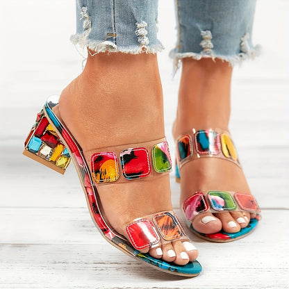 xieyinshe  Women's Colorful Plaid Decor Sandal, Slip On Casual Rhinestone Chunky Heels, Vacation Summer Beach Slides