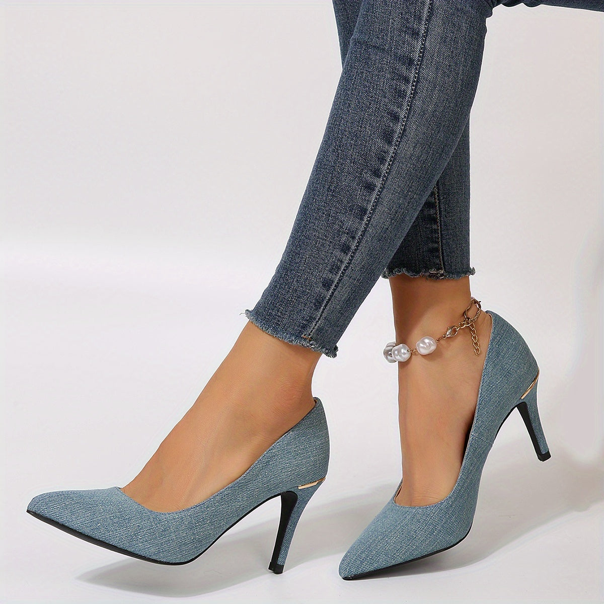 xieyinshe  Women's Blue Denim Stiletto Heels, Elegant Point Toe Dress Pumps, Fashion Slip On Heels