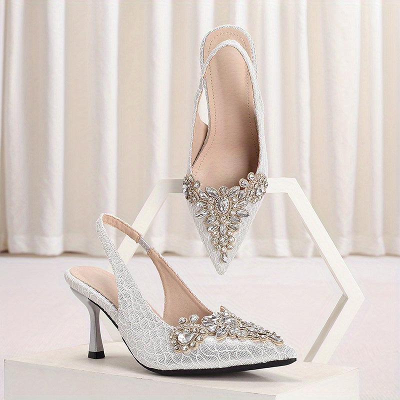 Elegant Chic Women's High-Heel Slingback Pumps – Striped Pointed Toe with Rhinestone Embellishment, Ideal for Party & Spring Fashion