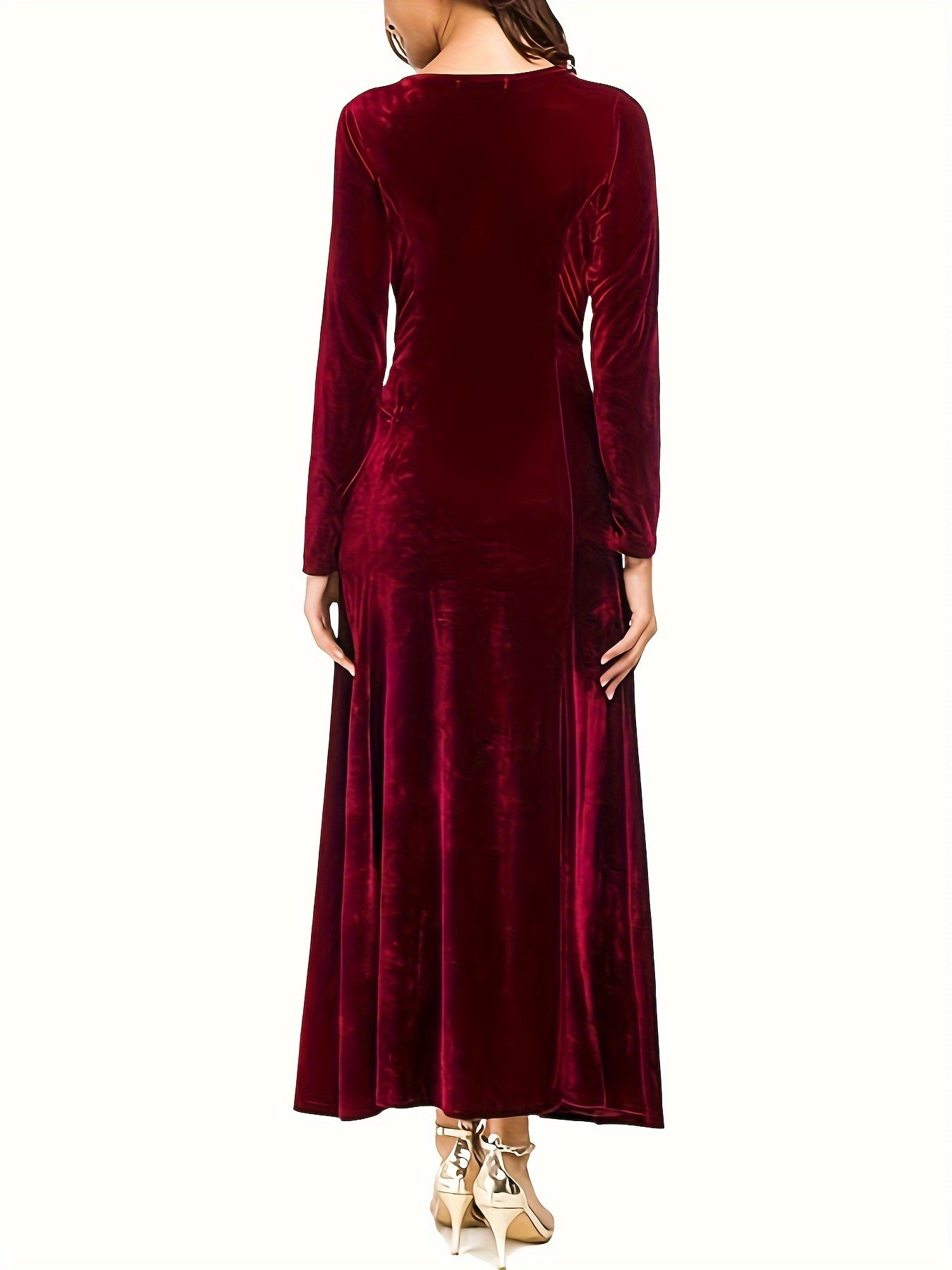 xieyinshe Plus Size Casual Dress, Women's Plus Solid Velvet Long Sleeve Round Neck Maxi Dress