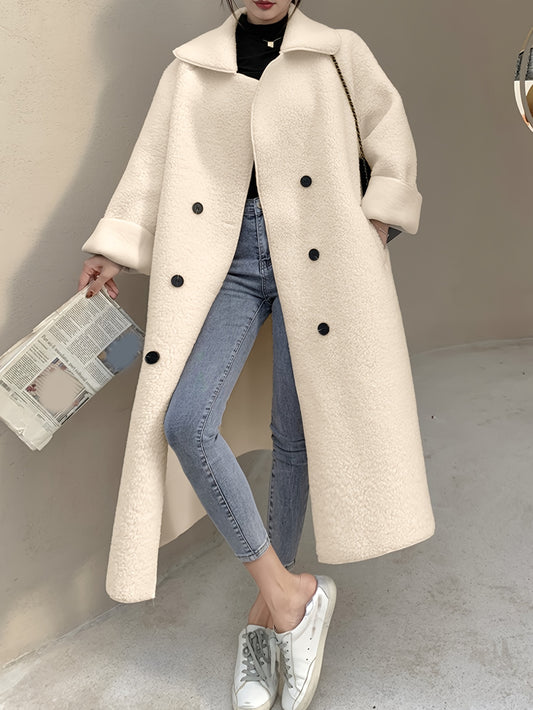 xieyinshe  Solid Double Breasted Belted Overcoat, Elegant Long Sleeve Outwear For Fall & Winter, Women's Clothing