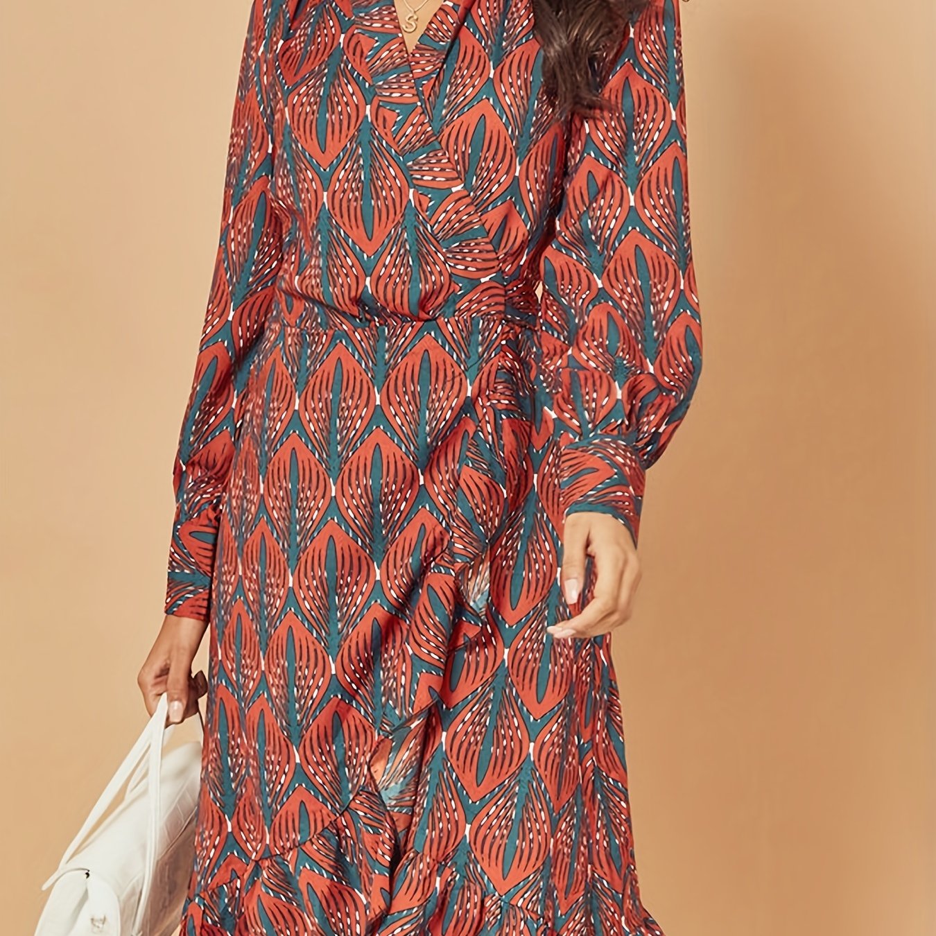 Graphic Print Ruffle Hem Dress, Casual V Neck Long Sleeve Dress, Women's Clothing