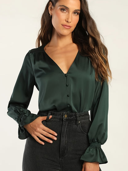 Satin V Neck Blouse, Elegant Long Sleeve Ruffle Trim Blouse, Women's Clothing