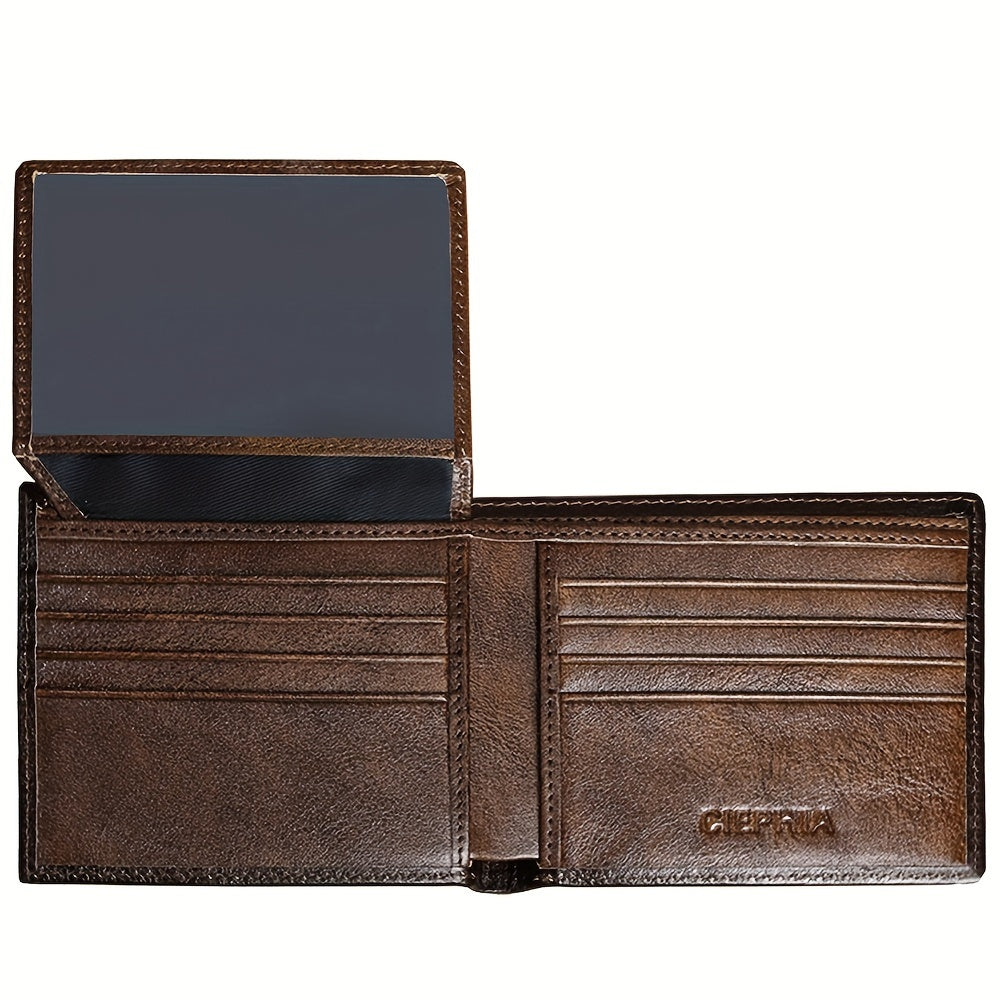 Mens Vintage Genuine Leather Bifold Wallet - RFID Blocking, Dual ID Windows, Spacious & Durable - Ideal Gift