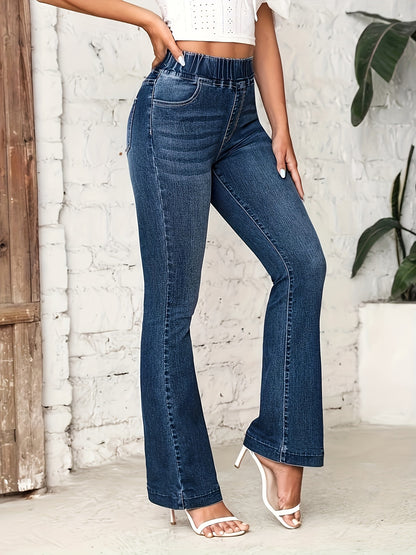 xieyinshe  Elastic Waist Washed Bootcut Jeans, Slant Pockets High Stretch Casual Denim Trousers, Women's Denim Jeans & Clothing