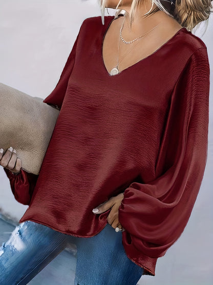 Plus Size Casual Top, Women's Plus Solid Satin Lantern Sleeve V Neck Slight Stretch Pullover Top