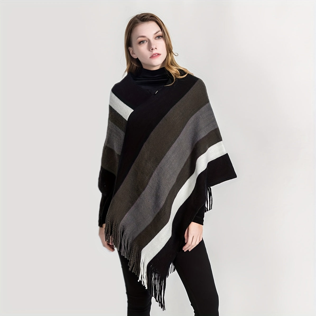 xieyinshe Trendy Striped Shawl Wrap Poncho Classic Coldproof Tassel Outdoor Windproof Warm Wraps For Women Autumn & Winter