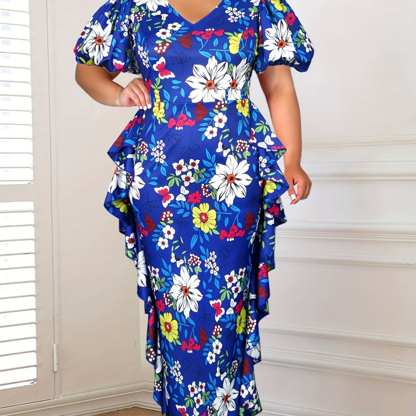 Plus Size Midi Bodycon Dress - Elegant V Neck, Ruffle Trim, Lantern Sleeves, Slight Stretch, Random Print - Perfect for Party & Banquet, All-Season Wear