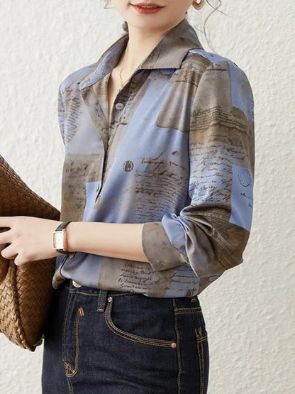 Vintage Letter Print Shirt, Single Button Long Sleeve Shirt For Spring & Fall, Women's Clothing