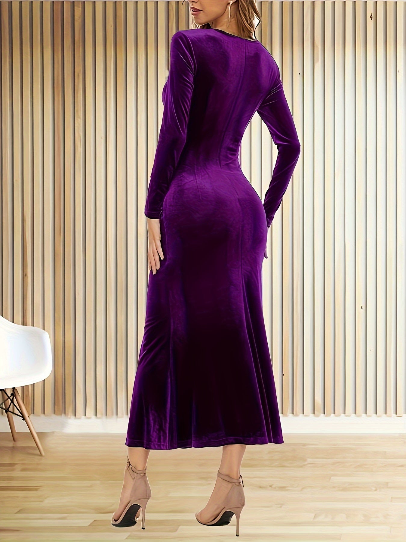 xieyinshe  Bodycon V Neck Dress, Elegant Long Sleeve Dress For Party & Banquet, Women's Clothing