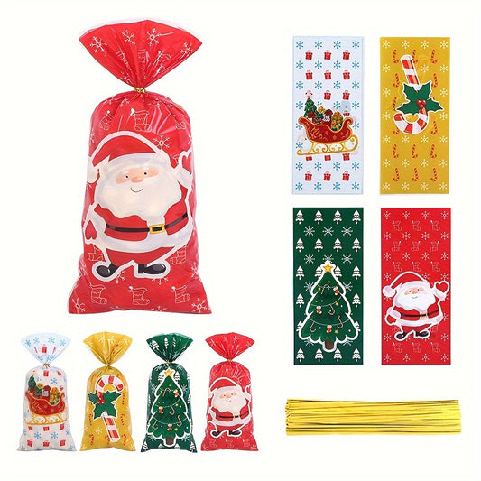 25/50pcs, 50 Christmas Gift Bags with Ribbons, Including Christmas Trees and Santa Claus Holiday Party Gift Bags, Suitable for Various Patterns of Party Gifts, Candies, and Gifts