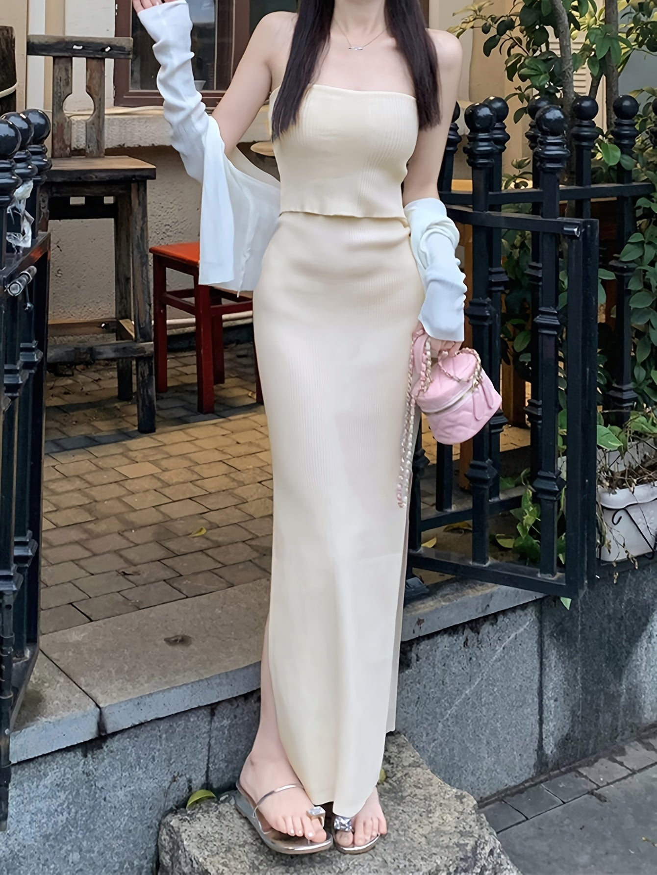 xieyinshe Solid Color One-shoulder Dress, Chic Skew Neck Split Hem Slim Dress, Women's Clothing