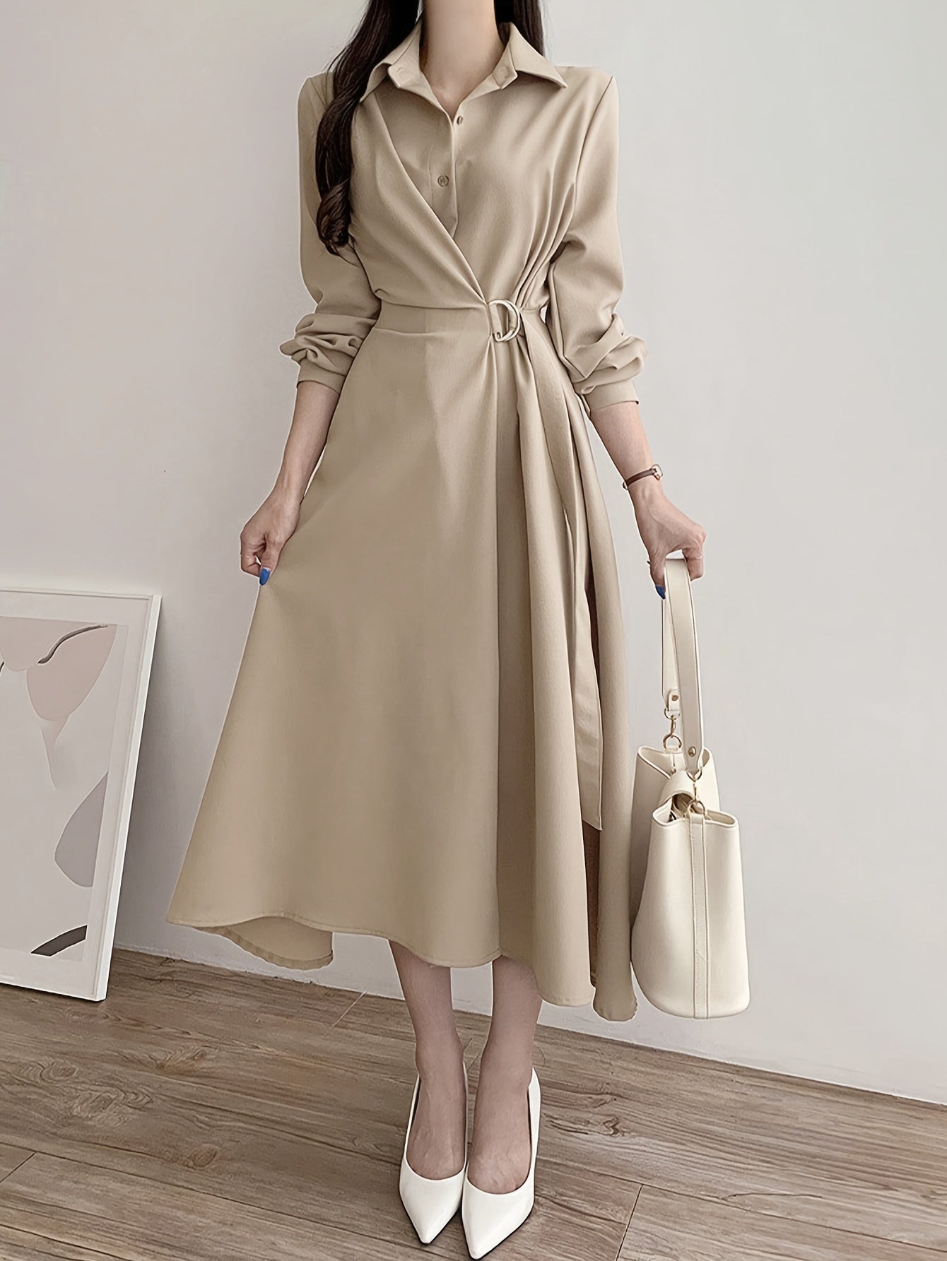 xieyinshe  A-line Button Front Dress, Elegant Long Sleeve Dress For Spring & Fall, Women's Clothing