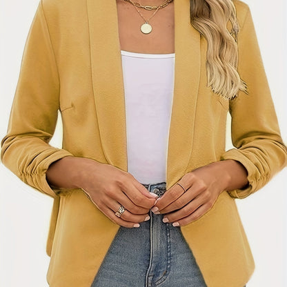 Ruched Solid Blazer, Casual Open Front Work Office Outerwear, Women's Clothing