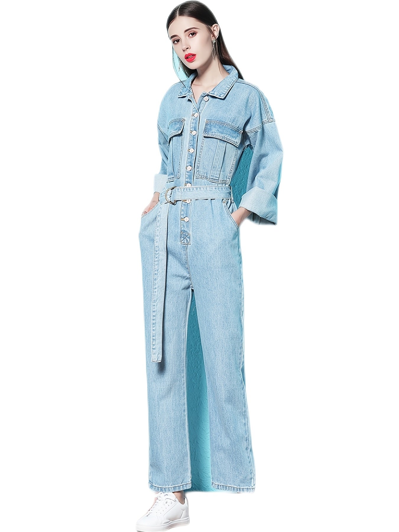 Blue Elastic Band Waist Denim Jumsuit, Long Sleeve Flap Pockets Loose Fit Closure Button Denim Overalls, Women's Denim & Clothing