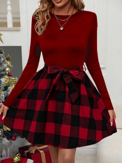 xieyinshe  Plaid Color Block Dress, Elegant Crew Neck Long Sleeve Belted Dress, Women's Clothing