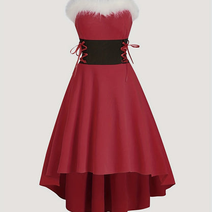 Christmas Faux Fur Trim Cami Dress, Lace Up High-low Backless Dress, Women's Clothing