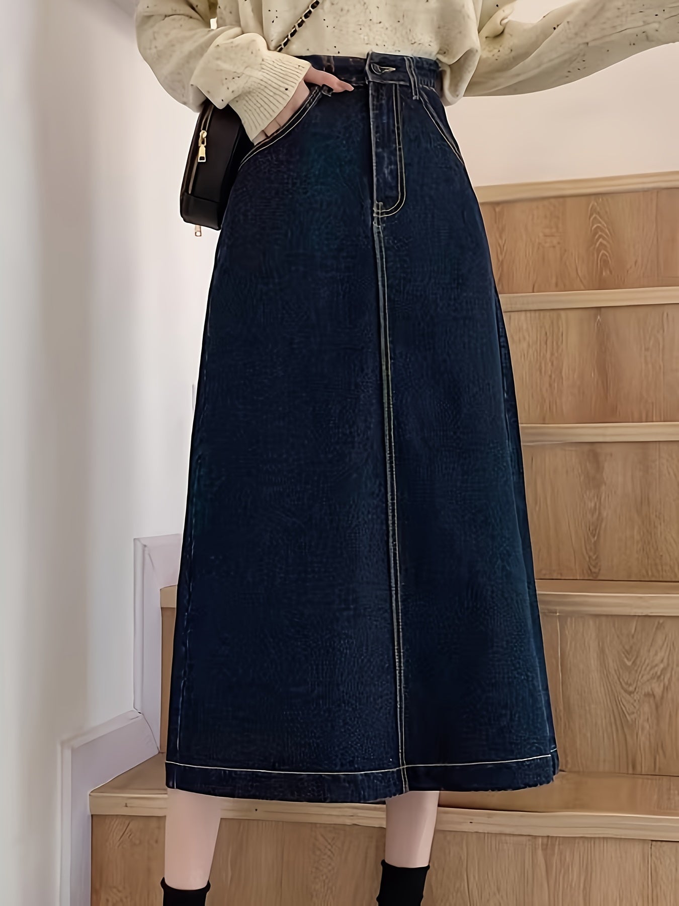 xieyinshe  Split Front High Waist Denim Midi Skirt, A-line Loose Fashion Slant Pocket Denim Skirts, Women's Denim Clothing