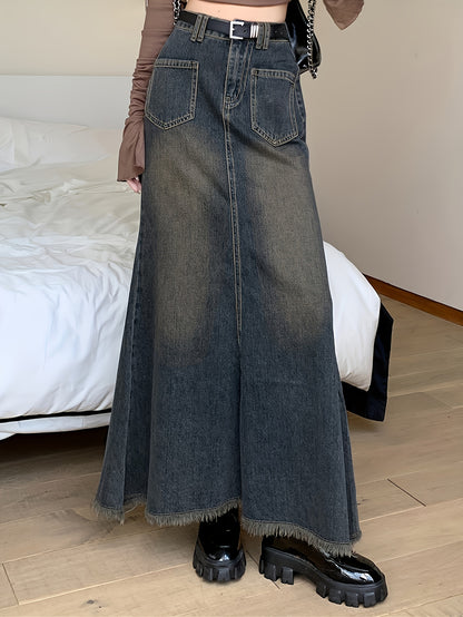 xieyinshe  Raw Hem Patch Pocket Trumpet Denim Skirt, Vintage Washed High Rise Elegant Maxi Denim Skirt, Women's Denim Jeans & Clothing