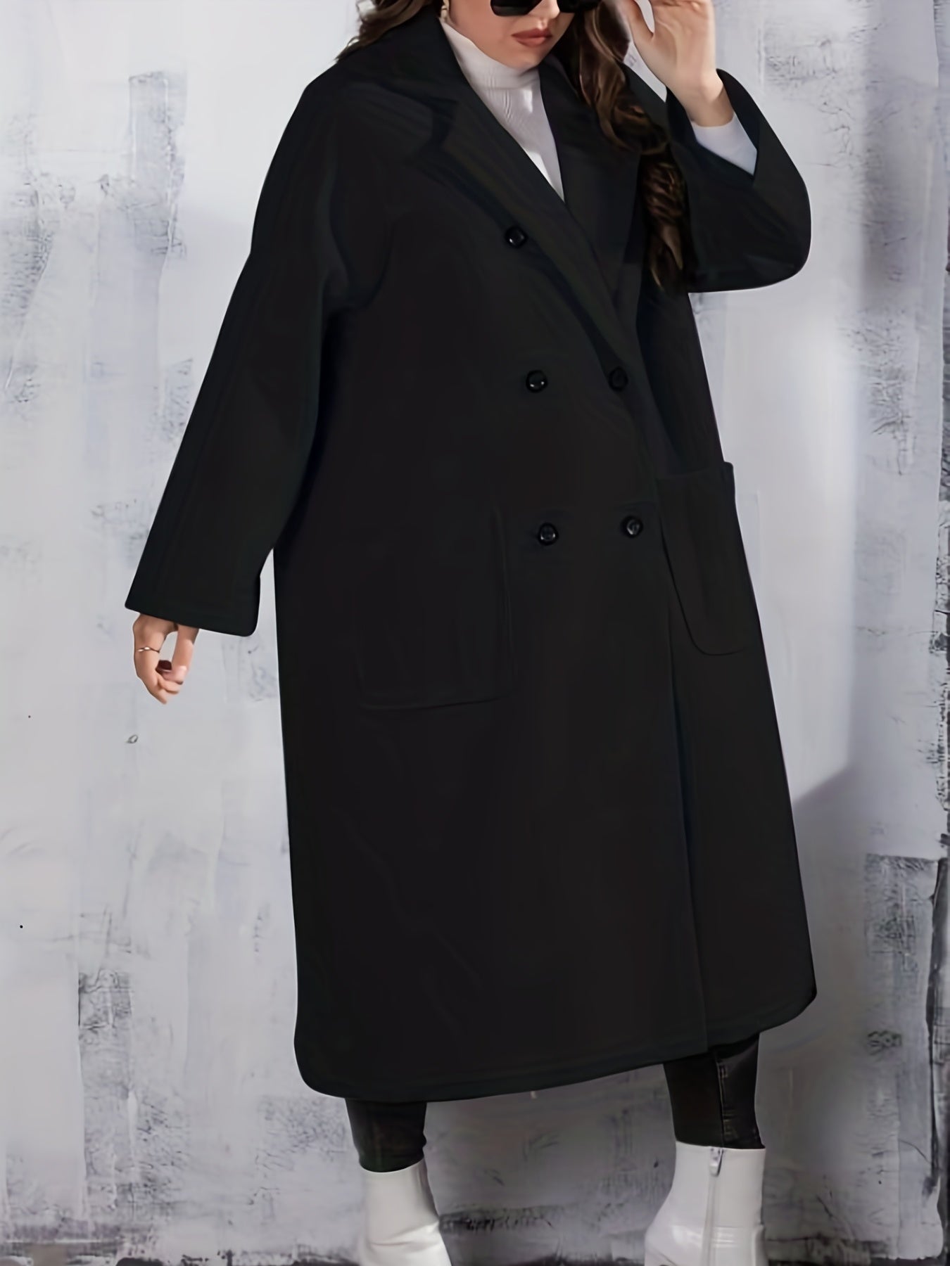 Plus Size Elegant Coat, Women's Plus Solid Long Sleeve Lapel Collar Double Breasted Button Up Trench Coat