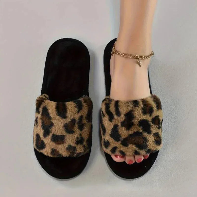 Autumn Winter Women Leopard Print Plush Slippers Cozy Warm Open Toe Soft Sole Shoes Comfy Indoor Floor Fuzzy Slippers 240809