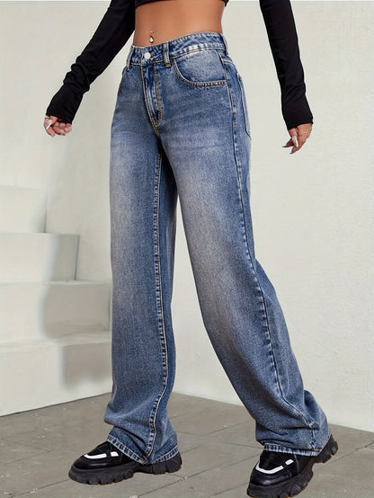 xieyinshe  Whiskering Washed Blue Wide Leg Jeans, Loose Fit Slash Pocket Comfy Denim Pants, Women's Denim Jeans & Clothing