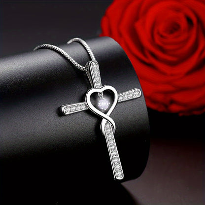 2PCS 925 Sterling Silver Women's Chain Necklace With Cross Pendant, Hypoallergenic Necklace Gift Fashion Cross Religious Belief Inlaid Zircon Pendant