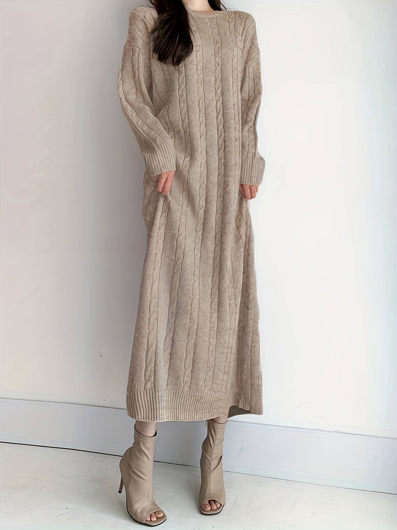 Cable Knit Maxi Dress, Elegant Crew Neck Long Sleeve Dress, Women's Clothing