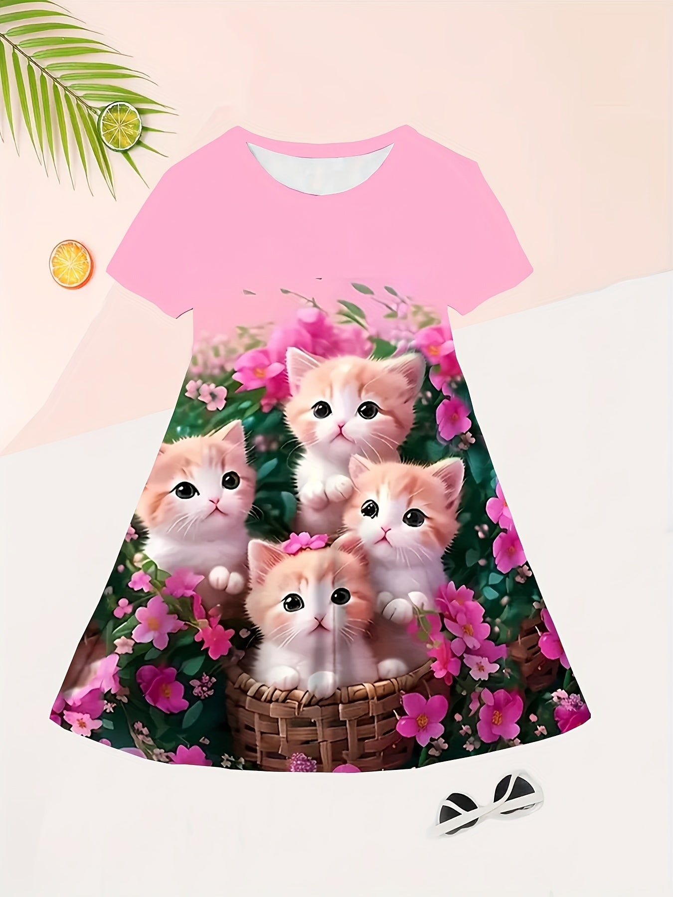 3D Cat Print Girls Dress - Short Sleeve Casual Crew Neck - Adorable Summer Fashion with Fun Prints - Comfortable & Lightweight, Perfect Gift for Little Fashionistas