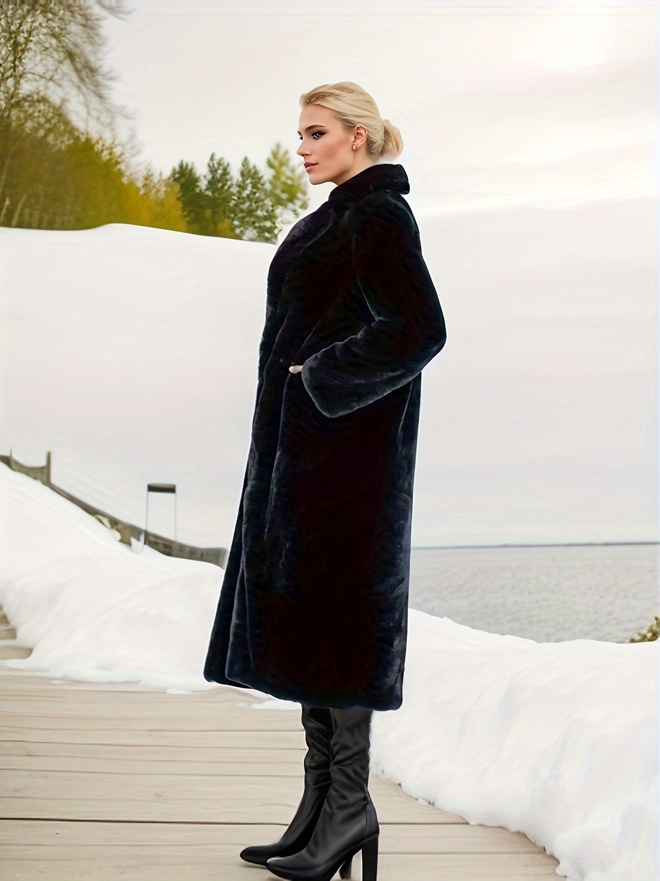 Open Front Fuzzy Coat, Casual Thermal Long Sleeve Midi Length Coat For Winter, Women's Clothing