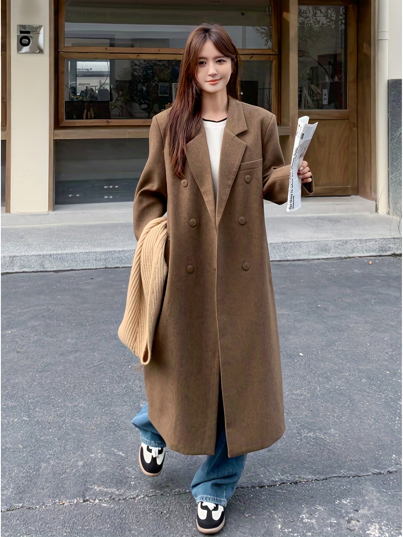 Notched Collar Double-breasted Coat, Casual Long Sleeve Midi Length Overcoat For Fall & Winter, Women's Clothing