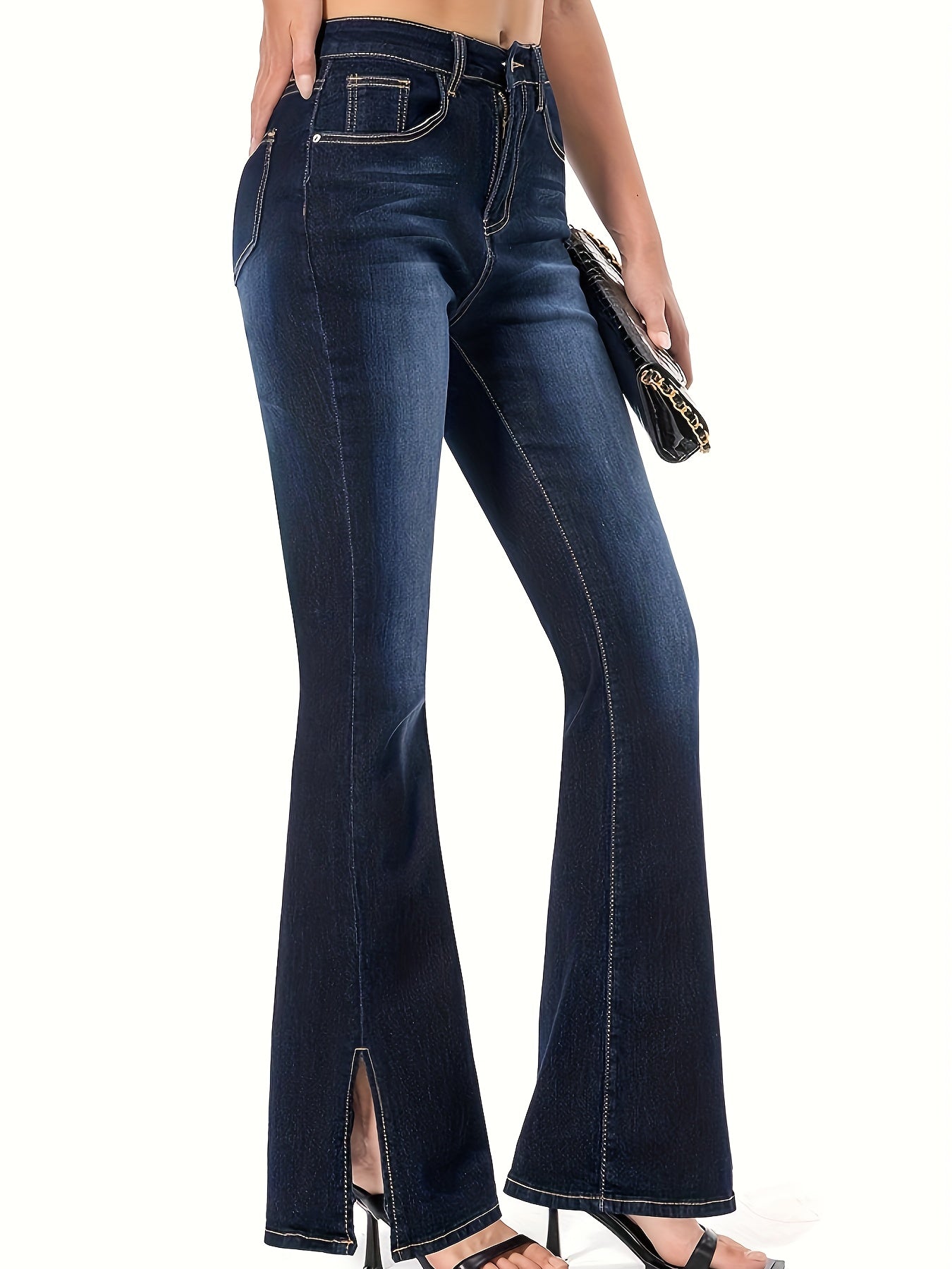 Slant Pockets Washed Flare Jeans, Mid-Stretch Versatile Bell Bottom Jeans, Women's Denim Jeans & Clothing