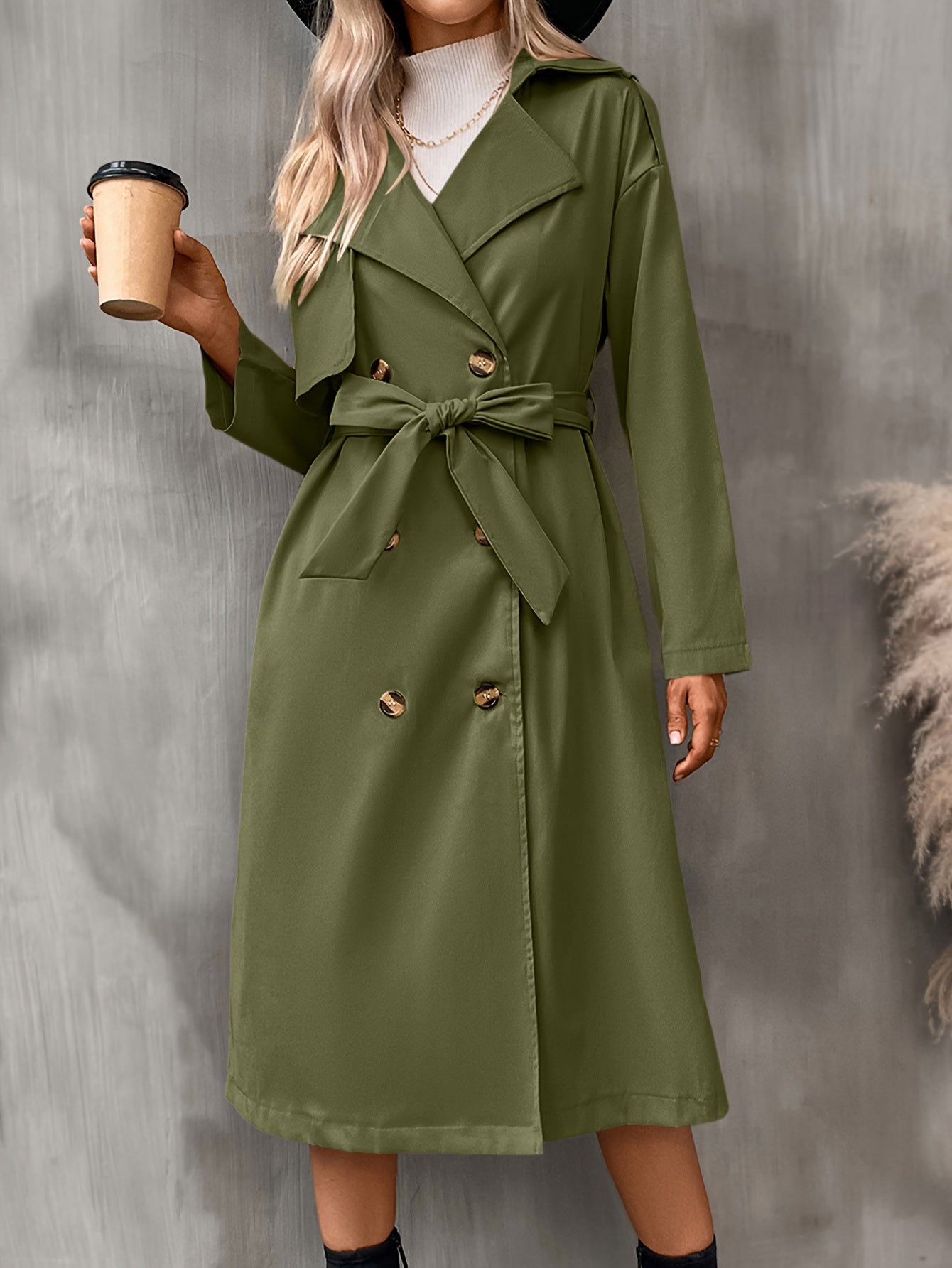 xieyinshe Double Breasted Belted Trench Coat, Vintage Solid Lapel Drop Shoulder Overcoat, Women's Clothing