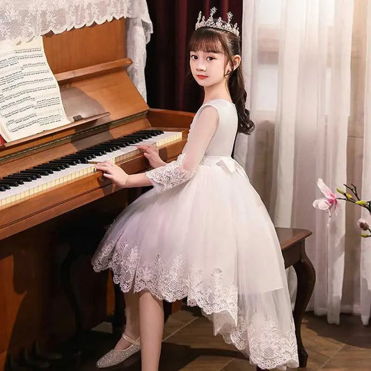 Girl's Dresses luxury Expensive White Floral Long Sleeve Pageant Wedding Party Dress Girls 4 To 12 Years Princess Evening Asymmetrical Frock