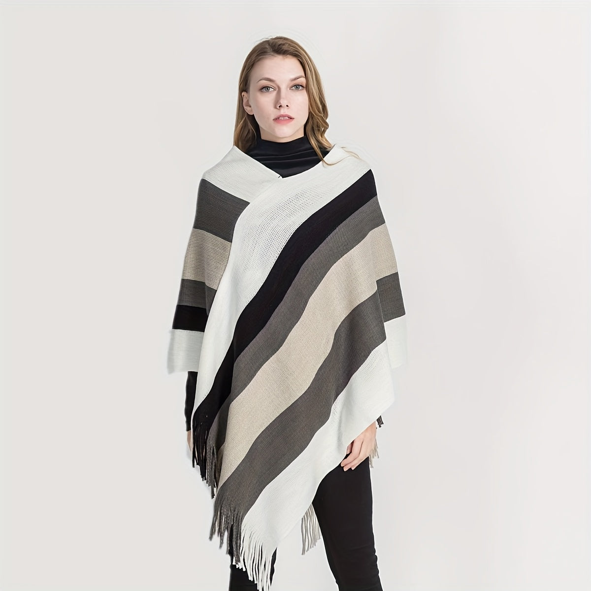 xieyinshe Trendy Striped Shawl Wrap Poncho Classic Coldproof Tassel Outdoor Windproof Warm Wraps For Women Autumn & Winter