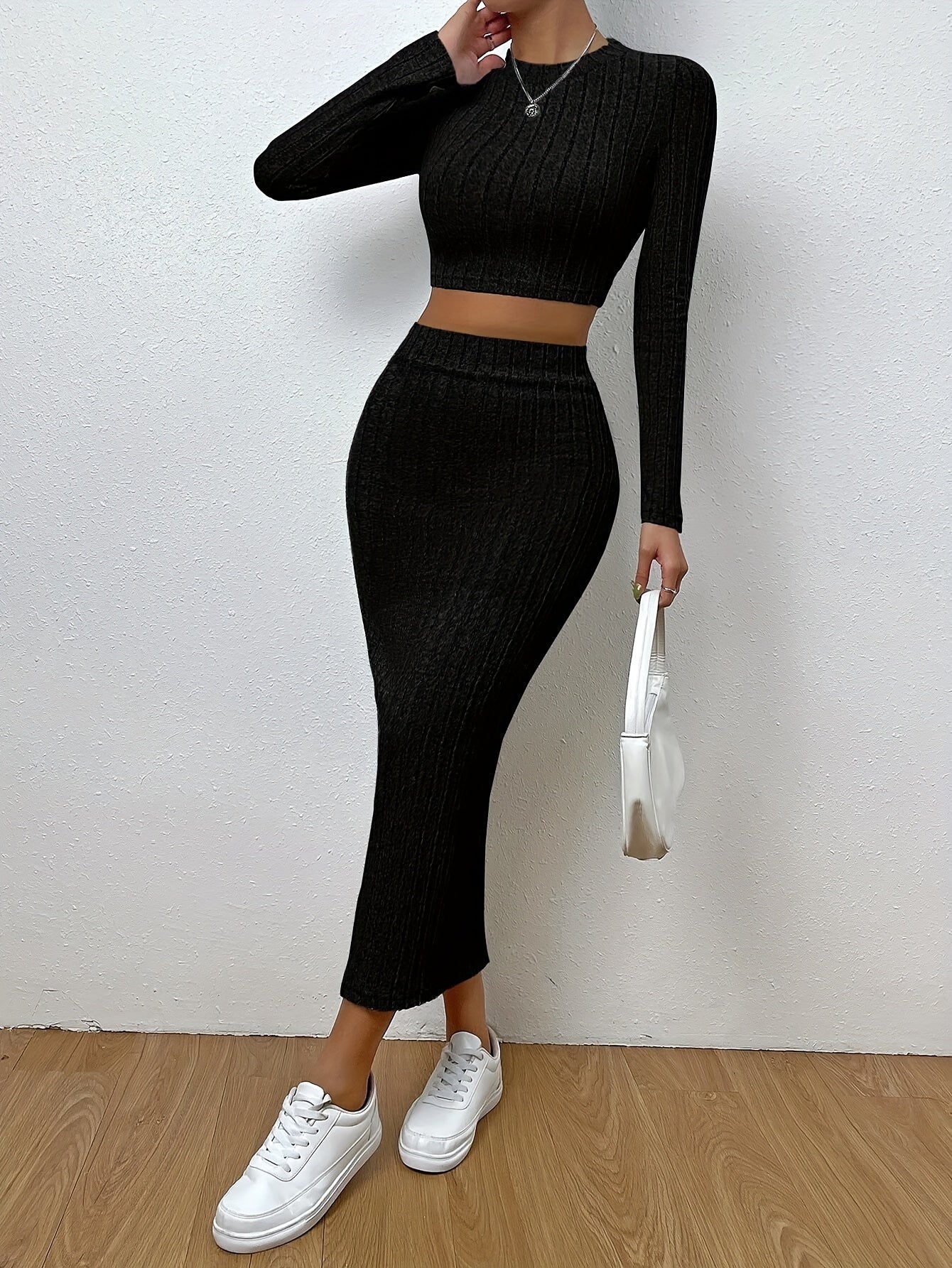 xieyinshe  Ribbed Knitted Two-piece Skirt Set, Crew Neck Long Sleeve Crop Top & Bodycon Skirts Outfits, Women's Clothing