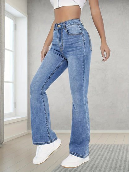 xieyinshe  Light Blue Casual Bootcut Jeans, Mid-Stretch Slant Pockets High Waist Denim Pants, Women's Denim Jeans & Clothing