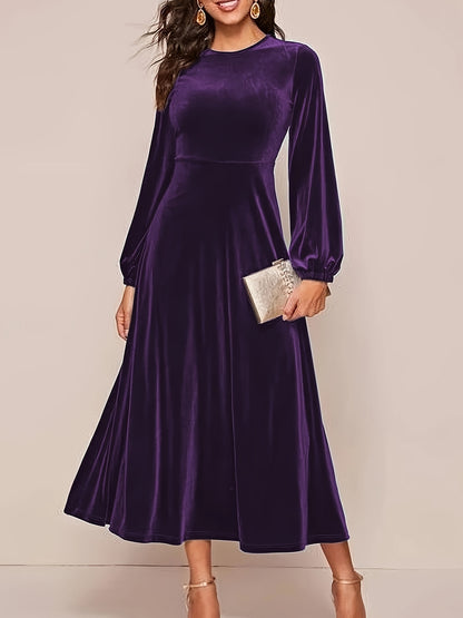 xieyinshe Plus Size Elegant Dress, Women's Plus Solid Velvet Lantern Sleeve Round Neck Dress