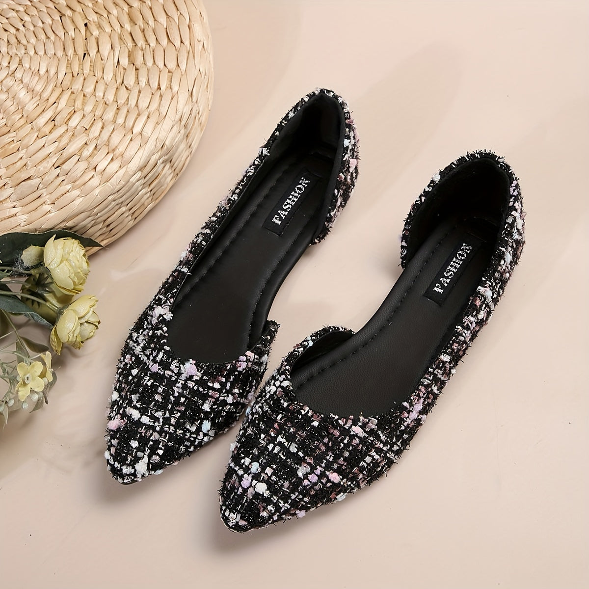 Women's Elegant Pointed Toe Flats, Side Cut-out Slip On Tweed Shoes, Comfy Soft Sole Flat Shoes