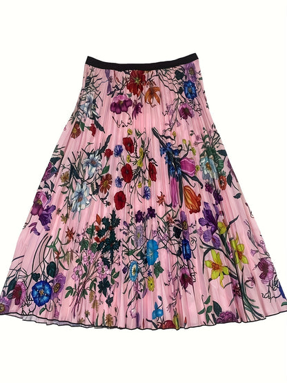 Plus Size Casual Skirt, Women's Plus Floral Print High Rise Pleated Midi Skirt