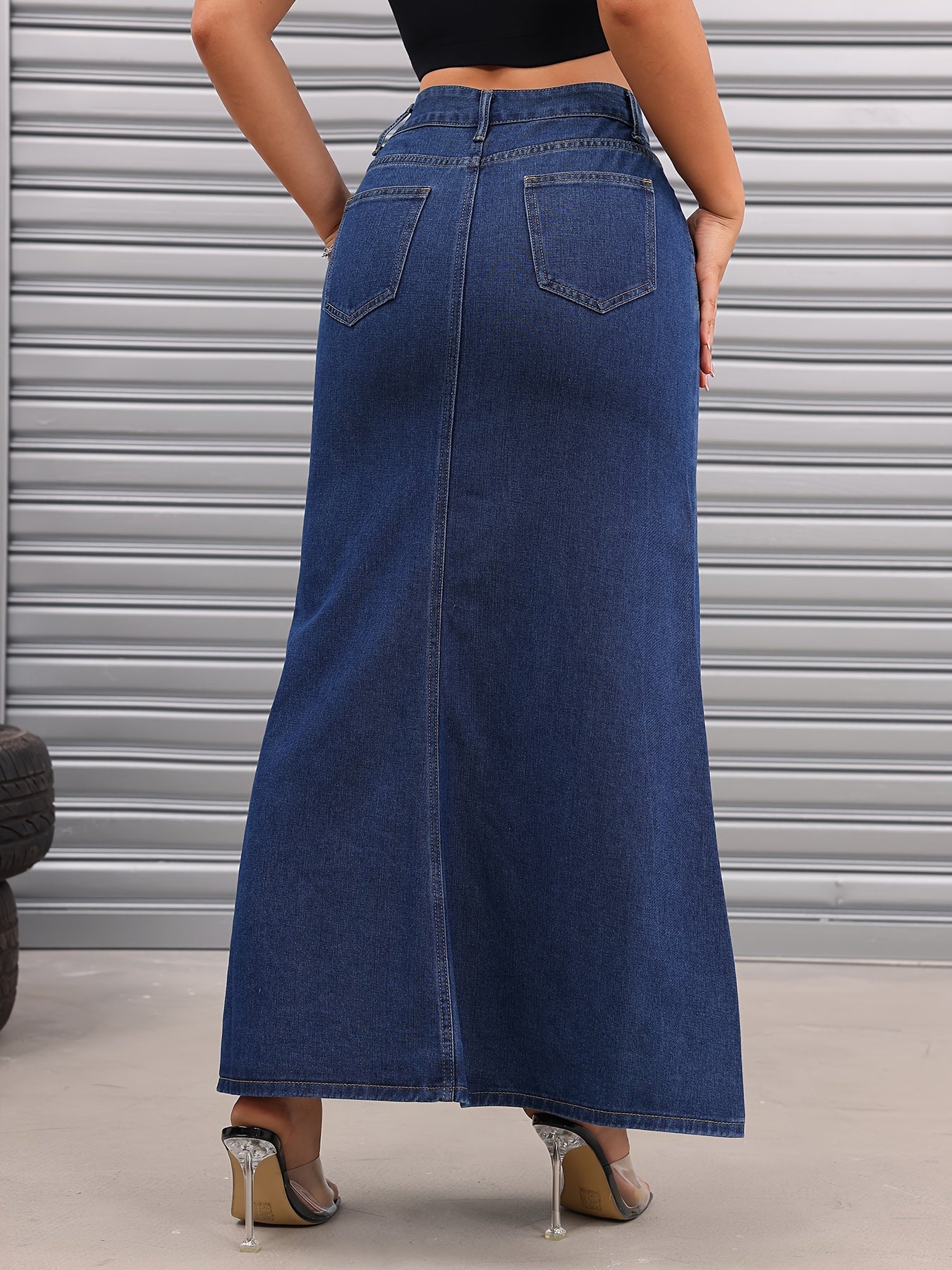 xieyinshe  Slant Pockets Casual Denim Maxi Skirt, Non-Stretch Versatile Denim Skirt, Women's Denim Clothing