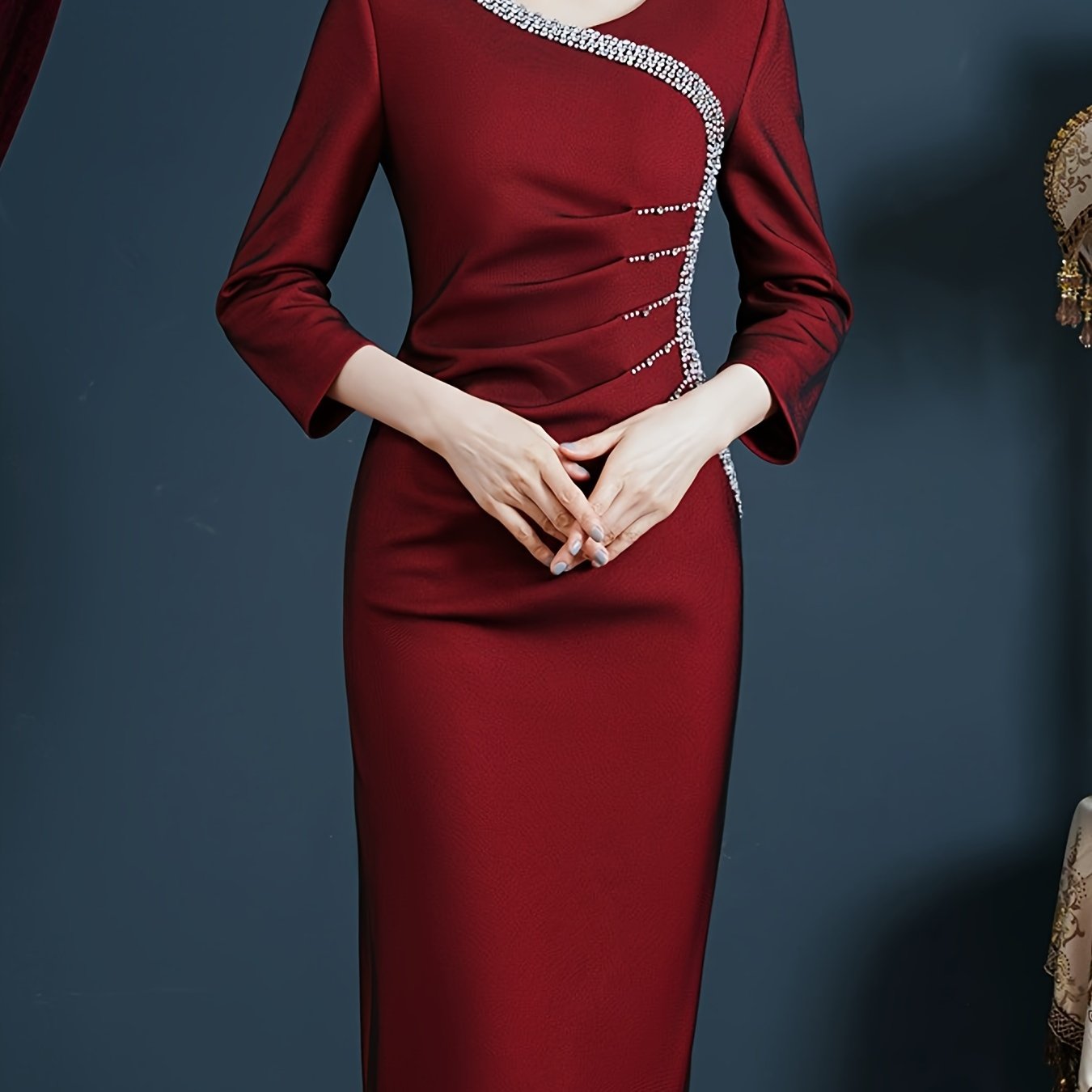 xieyinshe  Rhinestone Crew Neck Ruched Dress, Elegant 3/4 Sleeve Slim Midi Dress For Wedding Party, Women's Clothing