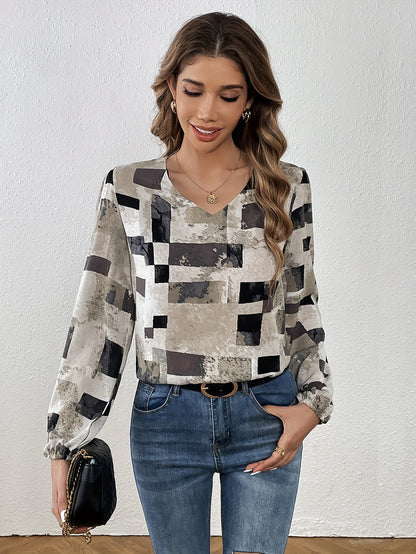 Geo Print Simple Blouse, Casual V Neck Long Sleeve Blouse, Women's Clothing