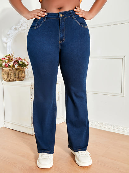 xieyinshe  Plus Size Casual Jeans, Women's Plus Solid Button Fly High Stretch Flared Leg Jeans