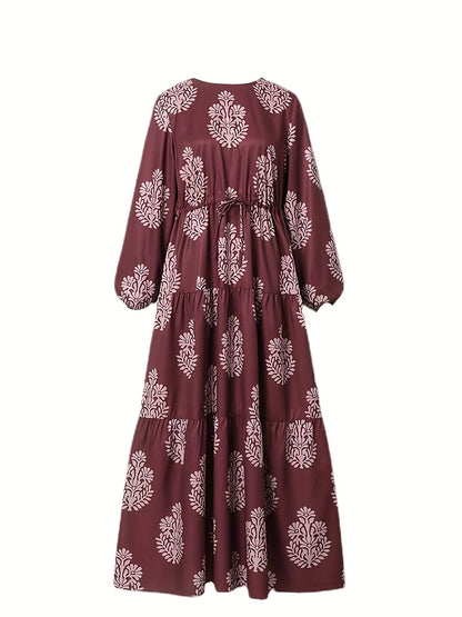 xieyinshe  Floral Print High Waist Dress, Casual Crew Neck Long Sleeve Maxi Dress, Women's Clothing