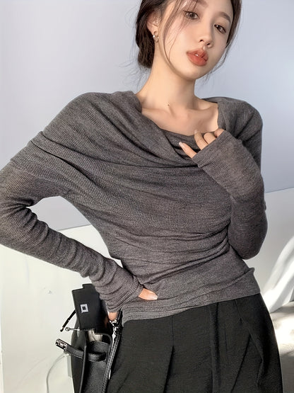 xieyinshe  Solid Off Shoulder Pullover Sweater, Elegant Long Sleeve Ruched Sweater, Women's Clothing