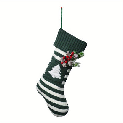 1pc Cozy Festive Knitted Striped Christmas Stocking Sock Gift Bag - Decorative Holiday Home Decorations with Soft Fabric and Traditional Design