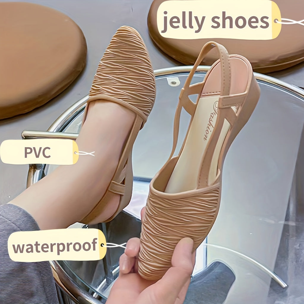 Women's Solid Color Wedge Heeled Shoes, Casual Point Toe Ankle Strap Shoes, Comfortable Slip On jelly shoes