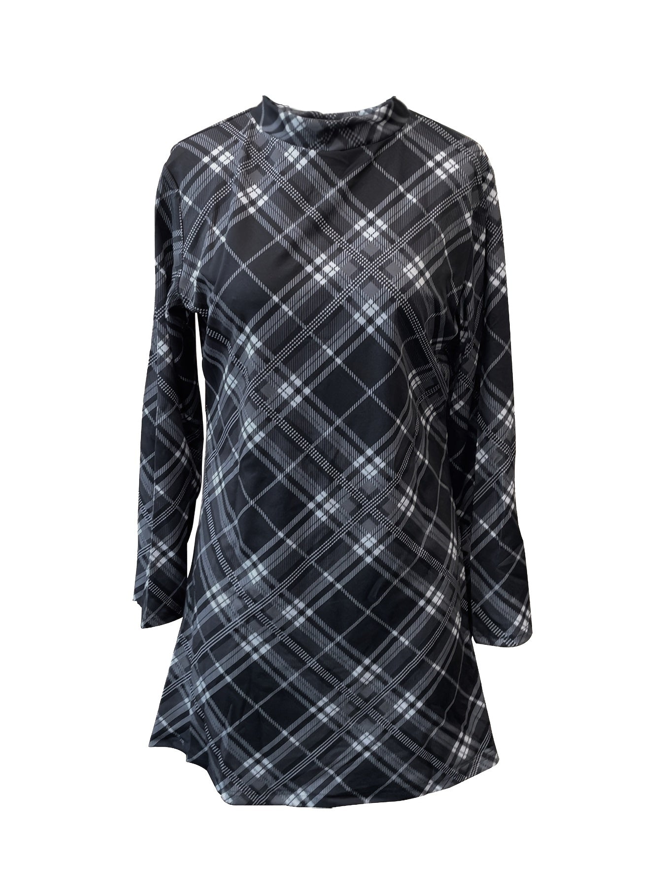 xieyinshe Plus Size Casual Dress, Women's Plus Plaid Print Half Sleeve Mock Neck Slight Stretch Mini Dress